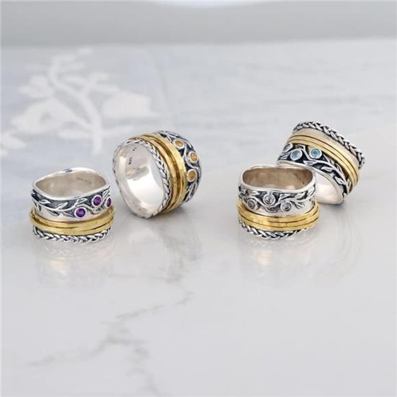 925 Sterling Silver Spinner Rings for Women With Natural Gemstones - Handcrafted - Picture 6 of 7